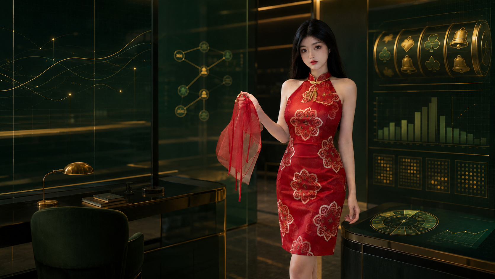 Perempuan dewasa berbaju merah di ruang analisis data jackpot hijau dan emas