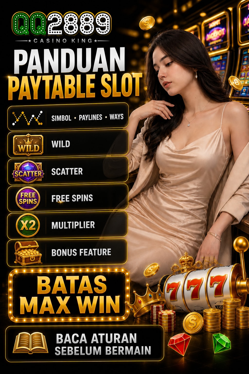 Poster edukasi QQ2889 tentang paytable slot, Wild, Scatter, free spins, multiplier, bonus feature, dan max win